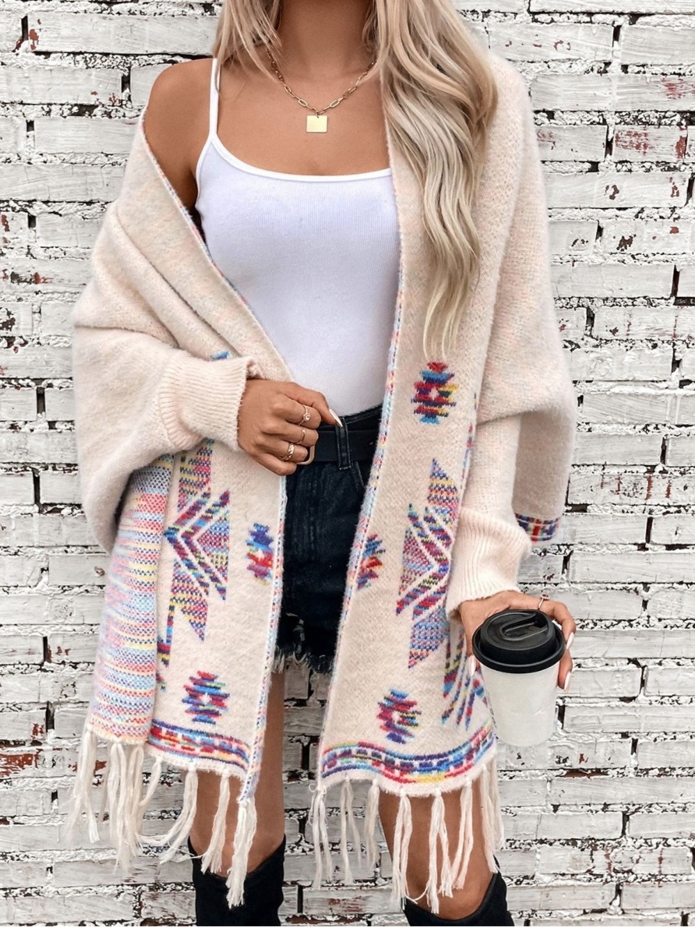 Fringe Aztec Print Open Front Long Sleeve Cape Shawl Poncho - Cream
